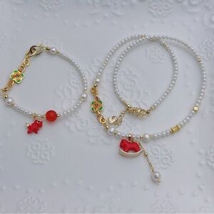 26X245 New Handmade 3-4mm Freshwater Pearl Necklace Bracelet Set Red pony Charm